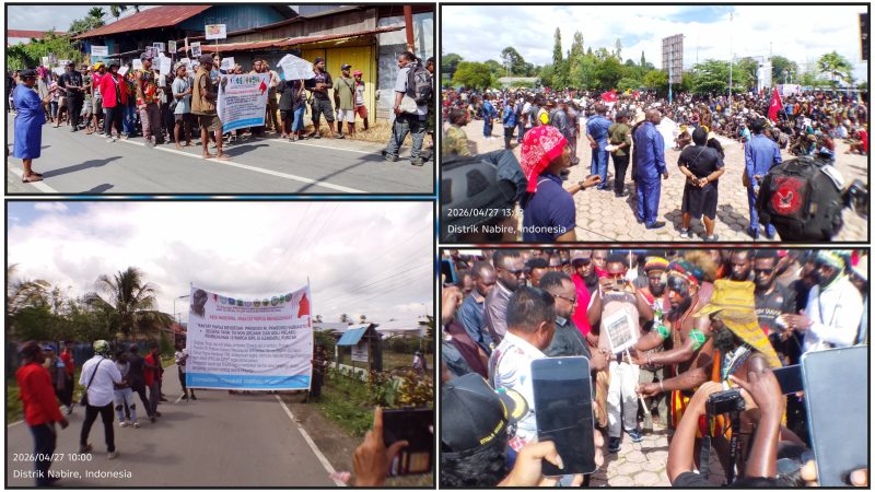 Mahasiswa Puncak menyerahkan noken berisi simbol 10 korban tragedi Puncak kepada DPRPT di Papua Tengah, Senin (27/4/2026), menyoroti 10 korban tewas dan 9 luka-luka. (Dok. NT)