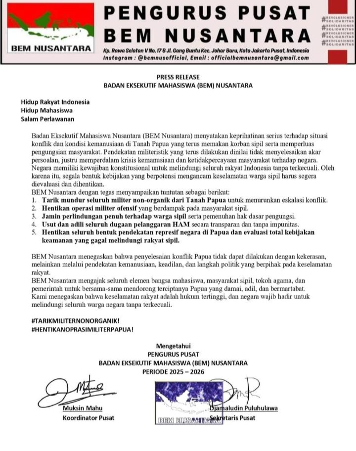 Surat pernyataan pengurus pusat BEM Nusantara. (Dok. Istimewa)