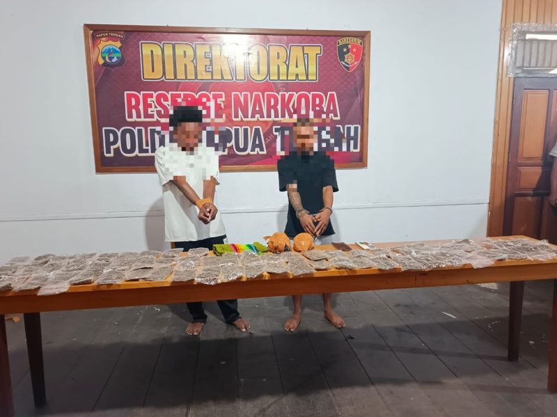 Petugas menunjukkan barang bukti puluhan paket ganja yang disita dari dua pelaku dalam operasi narkoba di Nabire. Dok_Humas Polda PT