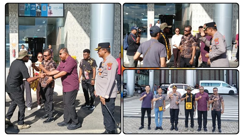 Kapolres Nabire bersama pejabat daerah menyambut kedatangan Anggota DPR RI di Bandara Douw Aturure, Minggu (3/5/2026). Dok_Humas Polres. NT