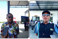Ricky Tebai (Ketua Persipura Mania Nabire) dan Jack Kobogau (Sekretaris Persipura mania Nabire). saat diwawancarai disela pemasangan Videotron persiapan nobar Persipura Jayapura vs Adhyaksa FC. Jumat (8/5/2026). Dok_Alvi.NT