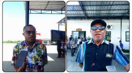 Ricky Tebai (Ketua Persipura Mania Nabire) dan Jack Kobogau (Sekretaris Persipura mania Nabire). saat diwawancarai disela pemasangan Videotron persiapan nobar Persipura Jayapura vs Adhyaksa FC. Jumat (8/5/2026). Dok_Alvi.NT