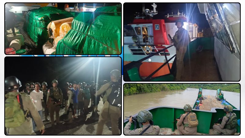 Personel Satgas Operasi Damai Cartenz 2026 bersama Polres Yahukimo mengawal kapal pengangkut BBM dan bahan makanan menuju Pelabuhan Logpon Dekai, Kabupaten Yahukimo, Papua Pegunungan. Dok_ ODC. NT