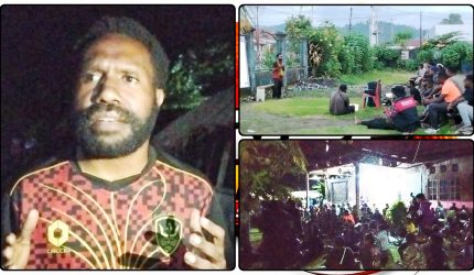 Meki Tebai Inisiator sekaligus MC Nobar film dokumenter "Pesta Babi" di Asrama Puncak Nabire. Rabu (13/5/2026). Dok_Alvi. NT