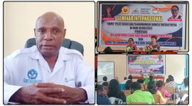 Rektor Uswim Nabire, Petrus Tekege saat diwawancarai di ruang kerjanya setelah kegiatan Seminar Internasional. Rabu (13/5/2026). Dok_WY. NT
