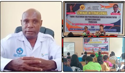 Rektor Uswim Nabire, Petrus Tekege saat diwawancarai di ruang kerjanya setelah kegiatan Seminar Internasional. Rabu (13/5/2026). Dok_WY. NT