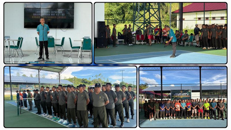 Kasrem 173/PVB, Kolonel Inf Abi Kusnianto, melakukan pemukulan bola pertama saat membuka lomba tenis HUT ke-63 Kodam XVII/Cenderawasih di Nabire, Jumat (15/5/2026). Dok_NT