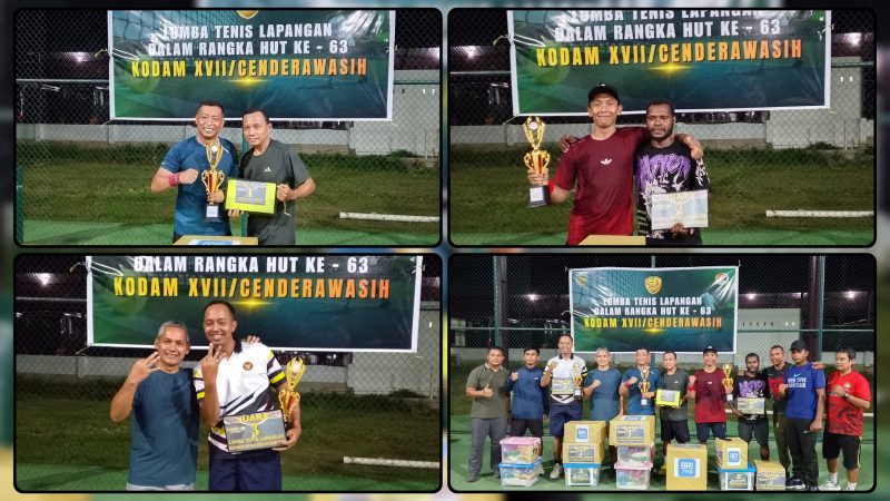 Para juara turnamen tenis lapangan HUT ke-63 Kodam XVII/Cenderawasih foto bersama usai menerima piala, uang pembinaan, dan paket sembako yang diserahkan langsung oleh Dandim 1705/Nabire. Turnamen berlangsung penuh sportivitas, kebersamaan, dan semangat persaudaraan di Lapangan Tenis Makorem 173/PVB, Nabire, Papua Tengah. Dok_NT