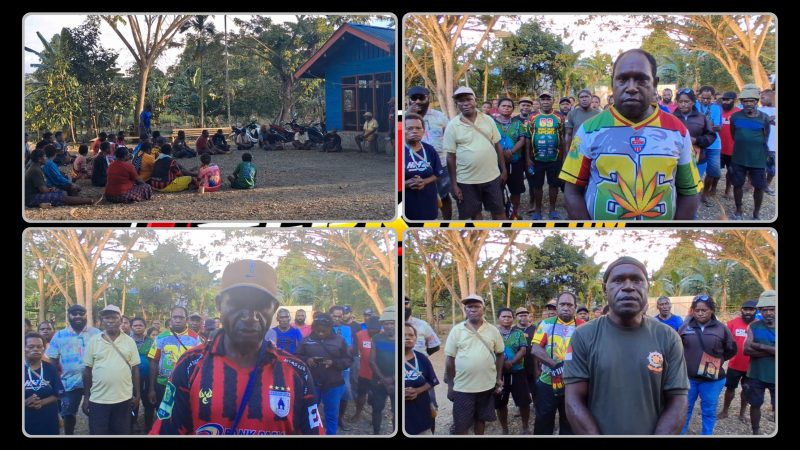 Tokoh adat, tokoh pemuda, dan masyarakat Suku Moni saat menggelar pertemuan di Kampung Gerbang Sadu Wadio, Distrik Nabire Barat, terkait dukungan terhadap DOB Moni. Dok_Istimewa. NT