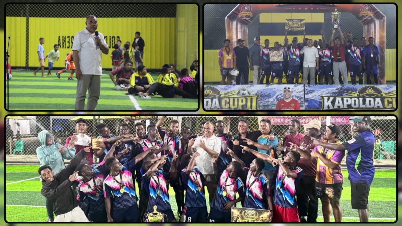 Tim SMA N 3 Kokonau merayakan kemenangan usai menjuarai Minisoccer Kapolda Cup tingkat SMA/SMK se-Mimika di Timika. Dok_Ist. NT