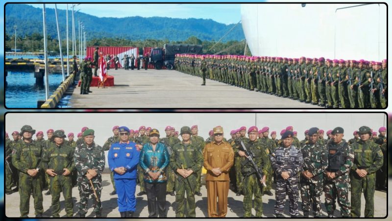 Upacara Penutupan Satgas Pamtas RI-RNG Mobile Yonif 4 Marinir dilaksanakan di Dermaga Pelabuhan Nabire Papua Tengah, Turut dihadiri Forkopimda Kabupaten dan Unsur TNI-Polri. Kamis (21/5/2026). Dok_PenLanal Nabire. NT