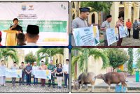 Sekda Nabire Yulianus Pasang menyerahkan simbolis bantuan sapi kurban dari Pemkab Nabire dan Baznas menjelang Iduladha 1447 H di Masjid Agung Al-Falah Nabire. Dok_Alvi. NT