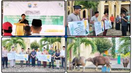 Sekda Nabire Yulianus Pasang menyerahkan simbolis bantuan sapi kurban dari Pemkab Nabire dan Baznas menjelang Iduladha 1447 H di Masjid Agung Al-Falah Nabire. Dok_Alvi. NT