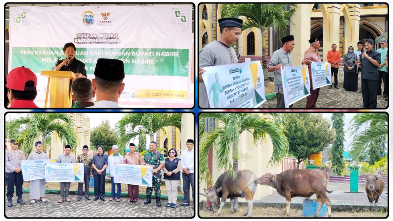 Sekda Nabire Yulianus Pasang menyerahkan simbolis bantuan sapi kurban dari Pemkab Nabire dan Baznas menjelang Iduladha 1447 H di Masjid Agung Al-Falah Nabire. Dok_Alvi. NT