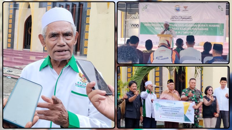 Ketua BAZNAS Nabire Soleman Letsoin menerima simbolis bantuan hewan kurban dari Pemkab Nabire di halaman Masjid Agung Al-Falah Nabire menjelang Iduladha 1447 H. Dok_Alvi. NT