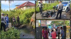 Petugas Sat Lantas Polres Nabire mengevakuasi korban kecelakaan lalu lintas di kawasan Jembatan Putus, Jalan Kalembyothe, Kelurahan Bumiwonorejo, Kabupaten Nabire, Selasa (26/5/2026). Dok_Humas Polres. NT