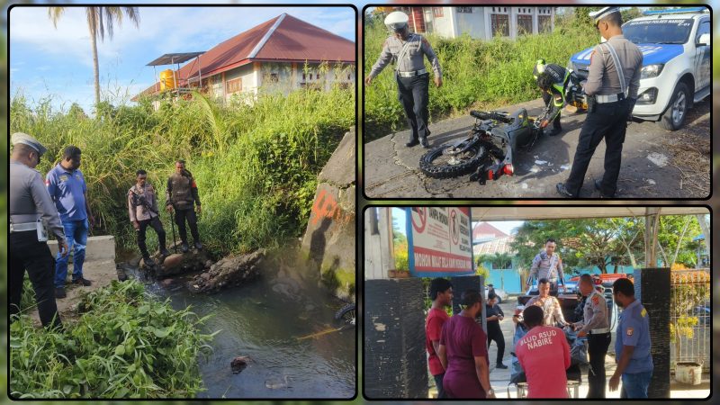 Petugas Sat Lantas Polres Nabire mengevakuasi korban kecelakaan lalu lintas di kawasan Jembatan Putus, Jalan Kalembyothe, Kelurahan Bumiwonorejo, Kabupaten Nabire, Selasa (26/5/2026). Dok_Humas Polres. NT
