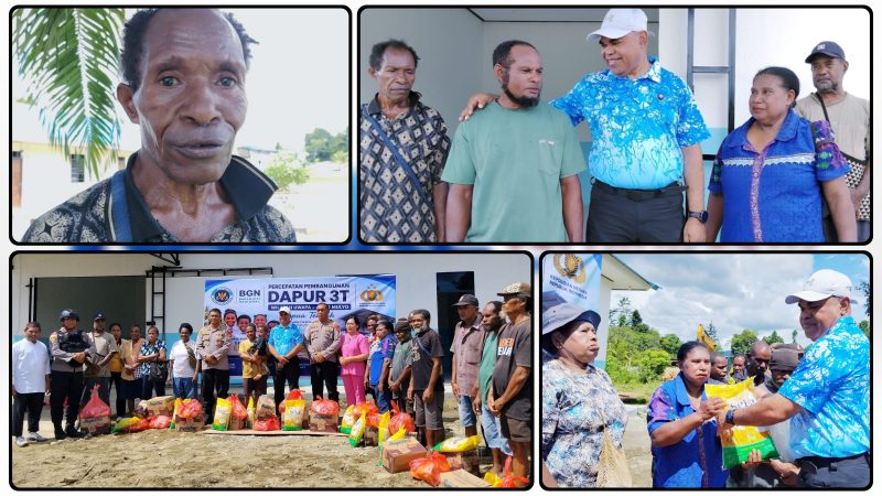Kapolda Papua Tengah Brigjen Pol. Jermias Rontini menyerahkan bantuan sembako kepada warga Distrik Uwapa saat kunjungan kerja dan peninjauan Dapur 3T MBG di Topo Jaya, Selasa (26/5/2026). Dok_Alvi. NT