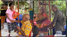 Kepala Suku Moora Provinsi Papua Tengah, Donatus Sembor, menyerahkan paket sembako kepada masyarakat dalam kegiatan sosialisasi dukungan terhadap program Pemerintah Pusat di Nabire, Selasa (26/5/2026). Dok_ Ist. NT