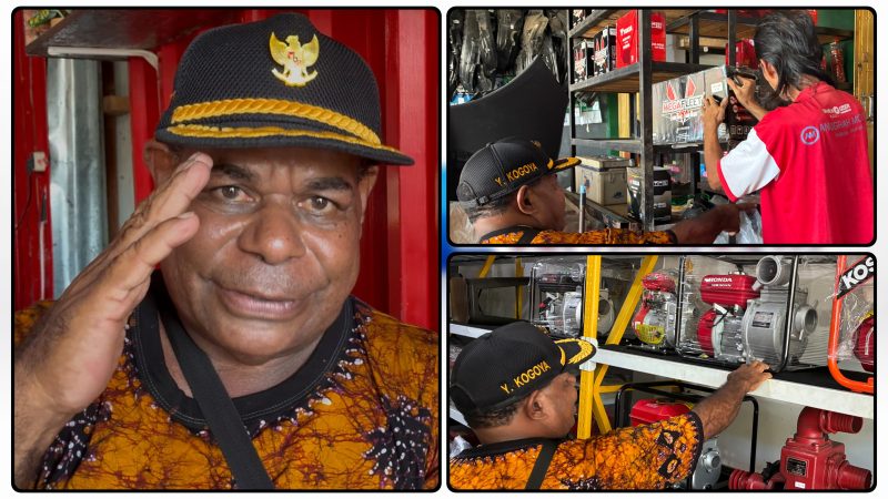 Yona Kogoya menerima bantuan usaha berupa alkon, aki, dan uang pembinaan dari Pemerintah Pusat di Nabarua, Kabupaten Nabire, Jumat (29/5/2026). Dok_Ist. NT