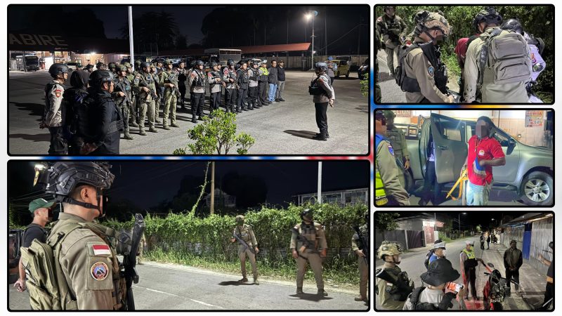 Personel gabungan Polres Nabire dan Satgas Ops Damai Cartenz-2026 melaksanakan patroli serta razia malam di Kota Nabire dan mengamankan satu bilah senjata tajam, Kamis (28/5/2026). Dok_ODC. NT