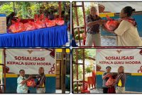 Kepala Suku Moora Papua Tengah, Donatus Sembor, menggelar sosialisasi persatuan dan pembagian sembako kepada masyarakat di Nabire, Jumat (29/5/2026). Dok_Ist. NT