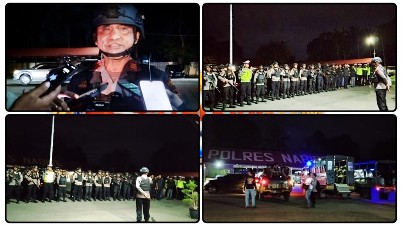 Personel gabungan Polres Nabire dan Polda Papua mengikuti apel kesiapsiagaan sebelum melaksanakan patroli skala besar dan razia kendaraan di sejumlah titik rawan Kota Nabire, Sabtu malam (30/5/2026). Dok_Alvi. NT