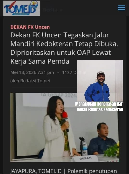 Sekretaris Umum BEM Fisip Uncen 2026, Vian Gobay Menanggapi Kutipan Berita dari Tomei.id terkait Klarifikasi Dekan FK Uncen terkait Jalur Mandiri FK Tetap di Buka Prioritaskan OAP. Dok-Ist