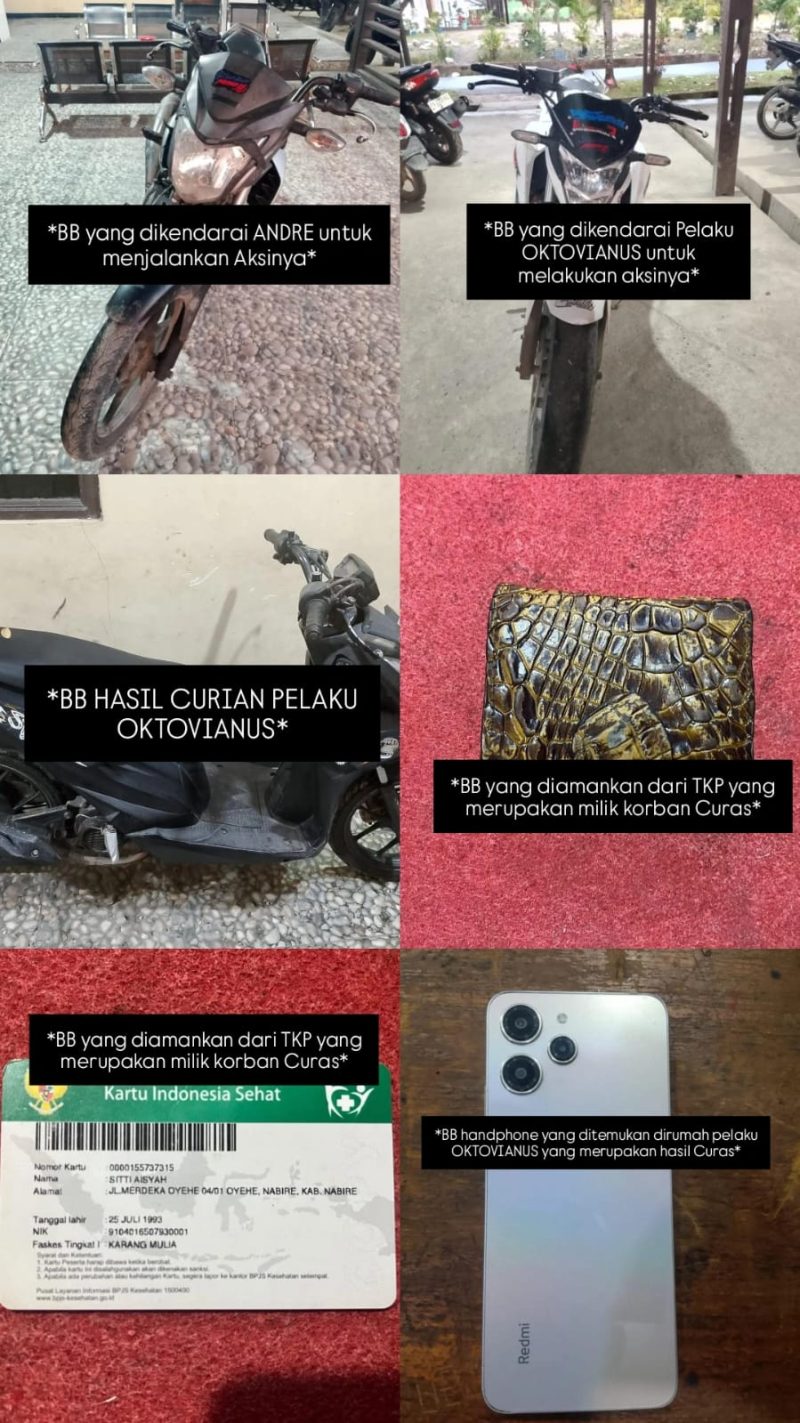 Tim Resmob Polres Nabire menunjukkan sejumlah barang bukti usai mengamankan tiga remaja yang diduga terlibat dalam kasus curanmor dan kejahatan jalanan di Nabire, Sabtu (30/5/2026). Dok_Humas polres. NT
