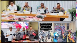 Kapolda Papua Tengah, Brigjen Pol, Jermias Rontini didampingi Wakapolda Kombes Pol. Gustav Urbinas, Dirreskrimum, Kombes Pol. Adi Tri Widiyanto dan Kabid Humas Polda PPT, AKBP. I Made Suartika saat memaparkan 307 Kasus 3C Semester I 2026 di Aula Polda Papua Tengah. Senin (1/6/2026). Dok_Alvi. NT