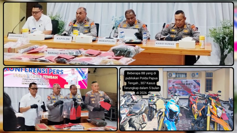 Kapolda Papua Tengah, Brigjen Pol, Jermias Rontini didampingi Wakapolda Kombes Pol. Gustav Urbinas, Dirreskrimum, Kombes Pol. Adi Tri Widiyanto dan Kabid Humas Polda PPT, AKBP. I Made Suartika saat memaparkan 307 Kasus 3C Semester I 2026 di Aula Polda Papua Tengah. Senin (1/6/2026). Dok_Alvi. NT