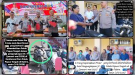 Kapolda Papua Tengah Brigjen Pol. Jermias Rontini menyerahkan sepeda motor yang berhasil ditemukan kepada Ibu Friska dalam konferensi pers pengungkapan kasus 3C di Aula Mapolda Papua Tengah, Senin (1/6/2026). Dok_Alvi. NT