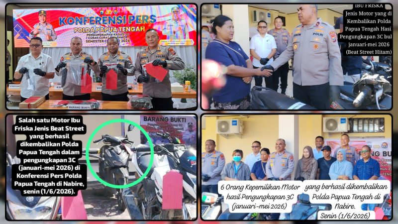 Kapolda Papua Tengah Brigjen Pol. Jermias Rontini menyerahkan sepeda motor yang berhasil ditemukan kepada Ibu Friska dalam konferensi pers pengungkapan kasus 3C di Aula Mapolda Papua Tengah, Senin (1/6/2026). Dok_Alvi. NT