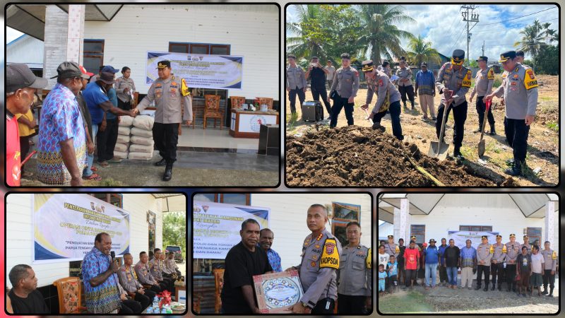 Karendal Operasi Cinta Damai Noken 2026 Polda Papua Tengah Kombes Pol. Adnan Ratmoro bersama personel menyerahkan bantuan material bangunan kepada Gereja Baptis Bee di Kampung Kalisemen, Distrik Nabire Barat, Rabu (3/6/2026). Bantuan tersebut diberikan untuk mendukung percepatan pembangunan rumah ibadah sekaligus mempererat hubungan Polri dan masyarakat. Dok._Humas PPT. NT