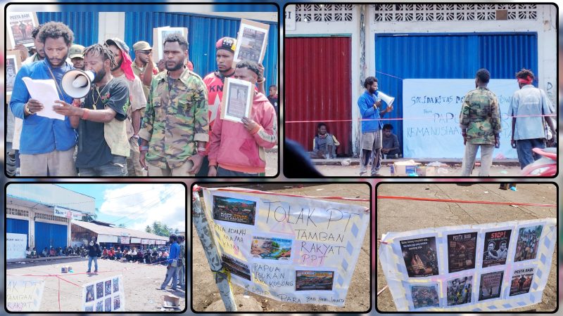 Massa Solidaritas Pelajar dan Mahasiswa/i Papua Tengah (SPM-PT) menggelar aksi mimbar bebas di kawasan Kios Panjang Pasar Karang, Nabire, Jumat (5/6/2026). Dalam aksi tersebut, peserta menyampaikan aspirasi terkait lingkungan, hak masyarakat adat, investasi, serta berbagai isu kemanusiaan di Papua. Dok_Alvi. NT