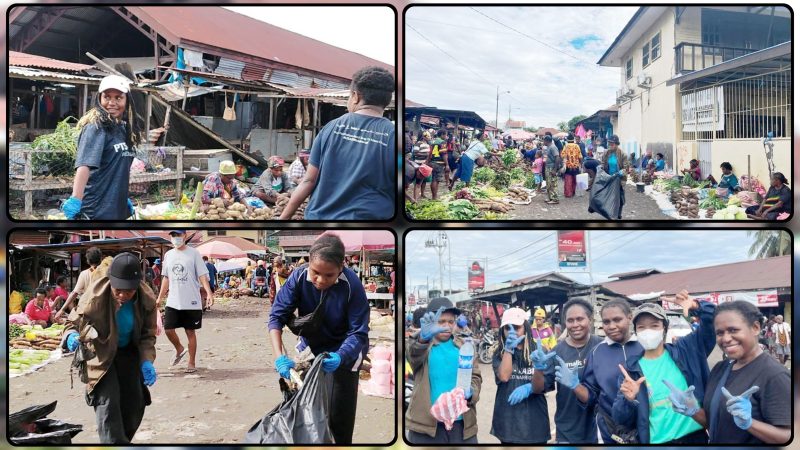 Relawan dari PTS Nabire, Komda Papua Tengah, dan Kewita membersihkan sampah di kawasan Pasar Karang Tumaritis, Nabire, Sabtu (6/6/2026). Aksi tersebut digelar dalam rangka memperingati Hari Lingkungan Hidup Sedunia sekaligus mengajak masyarakat meningkatkan kepedulian terhadap kebersihan lingkungan. Dok_ Alvi. NT