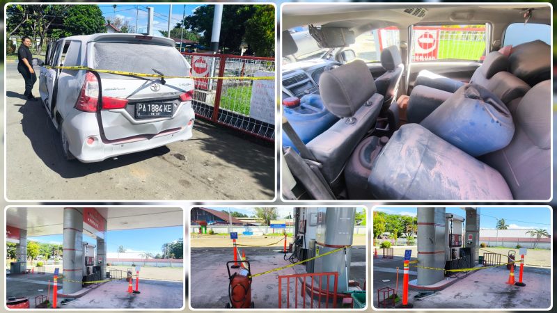 Petugas melakukan penanganan terhadap mobil Toyota Avanza nomor polisi PA 1884 KE yang mengalami ledakan saat pengisian bahan bakar di SPBU Oyehe, Kabupaten Nabire, Senin (8/6/2026). Dari dalam kendaraan, petugas menemukan 17 jeriken serta sejumlah peralatan yang diduga digunakan untuk memindahkan BBM. Dok_Ist. NT