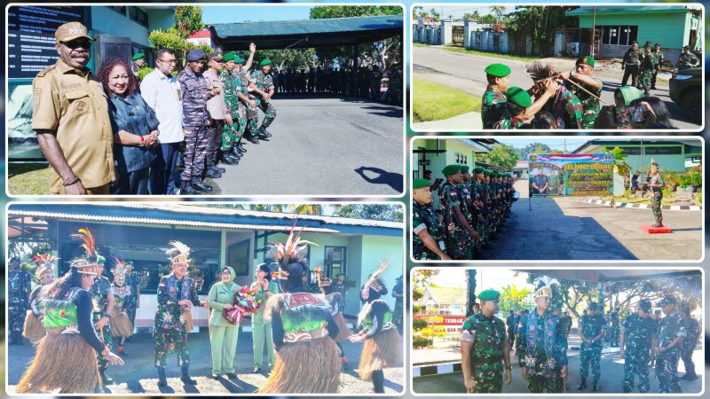 Danrem 173/PVB , Brigjen TNI. Vivin Alivianto saat berkunjung ke Makodim 1705/Nabire dan disambut langsung oleh Dandim 1705/ Nabire, Letkol Inf. Arh Dwi Palwanto dan PJU Pemkab Nabire serta Unsur TNI-Polri (Nabire). Senin (8/6/2026). Dok-Ist
