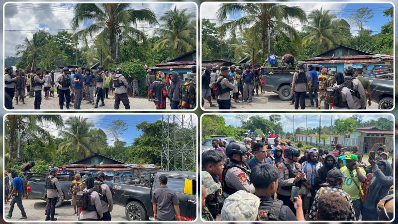 Personel Polres Nabire bersama tokoh masyarakat dan pemerintah kampung memfasilitasi mediasi terkait aksi pemalangan Jalan Trans Nabire–Paniai di Kampung Gerbang Sadu, Selasa (9/6/2026). Mediasi menghasilkan kesepakatan damai dan arus lalu lintas kembali normal. Dok_Ist. NT