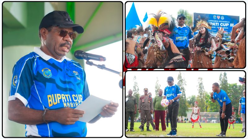 Bupati Nabire Mesak Magai didampingi Wakil Bupati Burhanuddin Pawennari saat membuka Turnamen Sepak Bola Bupati Cup III Tahun 2026 di Lapangan Sapta Marga Kodim 1705/Nabire, Selasa (9/6/2026). Dok_Ist.NT
