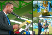 Ketua Panitia Bupati Cup III Tahun 2026, Anton Wambrau, memberikan sambutan pada pembukaan turnamen sepak bola di Lapangan Sapta Marga Kodim 1705/Nabire, Selasa (9/6/2026). Dok_Ist. NT