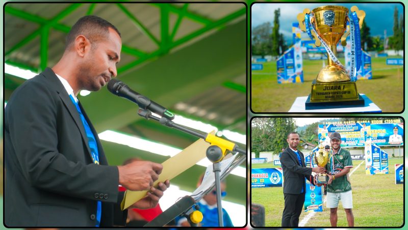 Ketua Panitia Bupati Cup III Tahun 2026, Anton Wambrau, memberikan sambutan pada pembukaan turnamen sepak bola di Lapangan Sapta Marga Kodim 1705/Nabire, Selasa (9/6/2026). Dok_Ist. NT