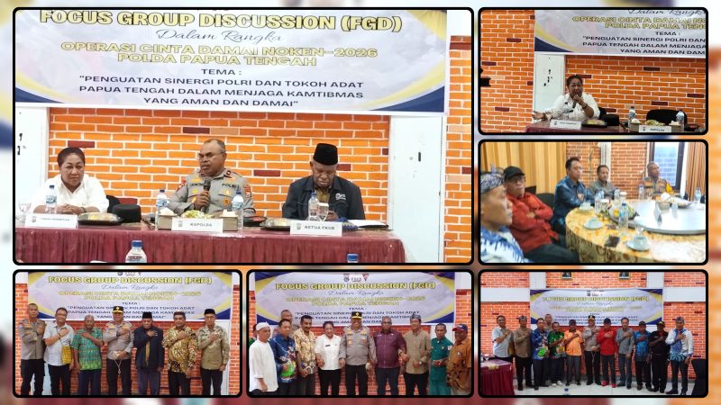Kapolda Papua Tengah Brigjen Pol. Jermias Rontini, S.I.K., M.Si., membuka Focus Group Discussion (FGD) Operasi Cinta Damai Noken 2026 di Nabire, Rabu (10/6/2026). Forum tersebut mempertemukan tokoh adat, tokoh agama, tokoh masyarakat, dan berbagai elemen strategis guna memperkuat sinergi menjaga keamanan dan ketertiban di Papua Tengah. Dok_Arief. NT
