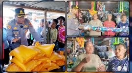 Kapolres Nabire AKBP Samuel D. Tatiratu, S.I.K., menyerahkan secara simbolis bantuan payung kepada mama-mama pedagang Pasar Sentral Kalibobo, Nabire, Kamis (11/6/2026). Sebanyak 30 payung disalurkan setelah Kapolres mendengar langsung keluhan pedagang yang selama ini berjualan tanpa pelindung memadai dari panas dan hujan. Dok_Alvi.NT