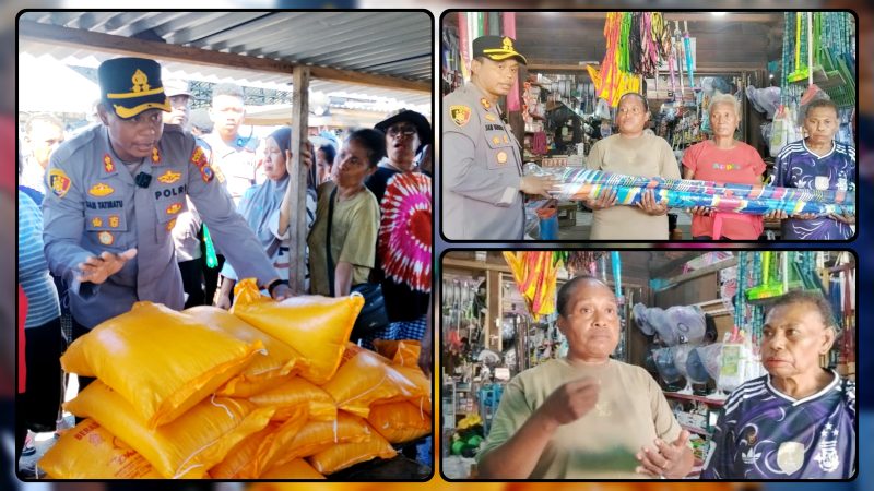 Kapolres Nabire AKBP Samuel D. Tatiratu, S.I.K., menyerahkan secara simbolis bantuan payung kepada mama-mama pedagang Pasar Sentral Kalibobo, Nabire, Kamis (11/6/2026). Sebanyak 30 payung disalurkan setelah Kapolres mendengar langsung keluhan pedagang yang selama ini berjualan tanpa pelindung memadai dari panas dan hujan. Dok_Alvi.NT