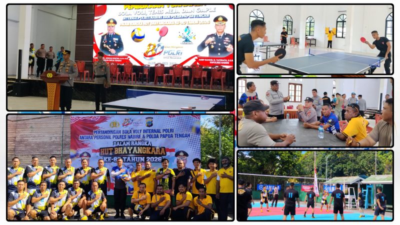Kapolres Nabire AKBP Samuel D. Tatiratu, S.I.K., membuka turnamen olahraga persahabatan antara personel Polres Nabire dan Polda Papua Tengah dalam rangka memeriahkan HUT Bhayangkara ke-80 Tahun 2026. Kegiatan ini menjadi sarana memperkuat sportivitas, solidaritas, dan soliditas antarpersonel Polri. Dok_Alvi NT