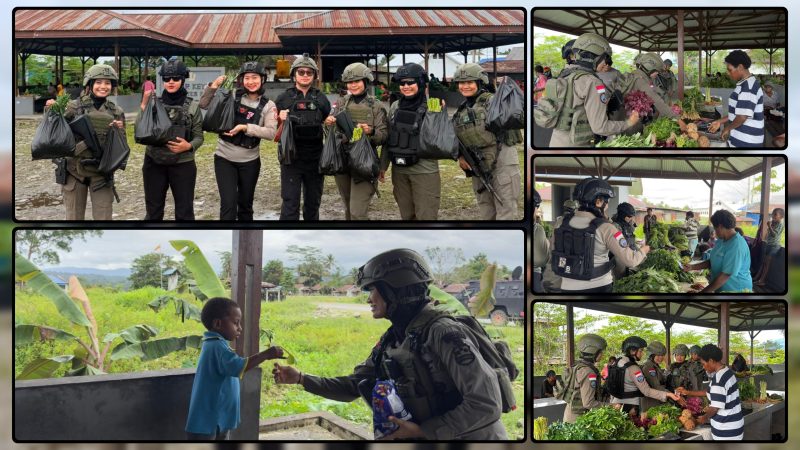 Personel Polwan Satgas Operasi Damai Cartenz-2026 berinteraksi dengan mama-mama Papua di Pasar Keyabi, Kabupaten Nduga, Selasa (16/6/2026). Kehadiran personel melalui pendekatan humanis memperkuat rasa aman, mempererat hubungan dengan masyarakat, dan mendukung aktivitas ekonomi warga yang berlangsung kondusif. Dok_ Humas ODC. NT