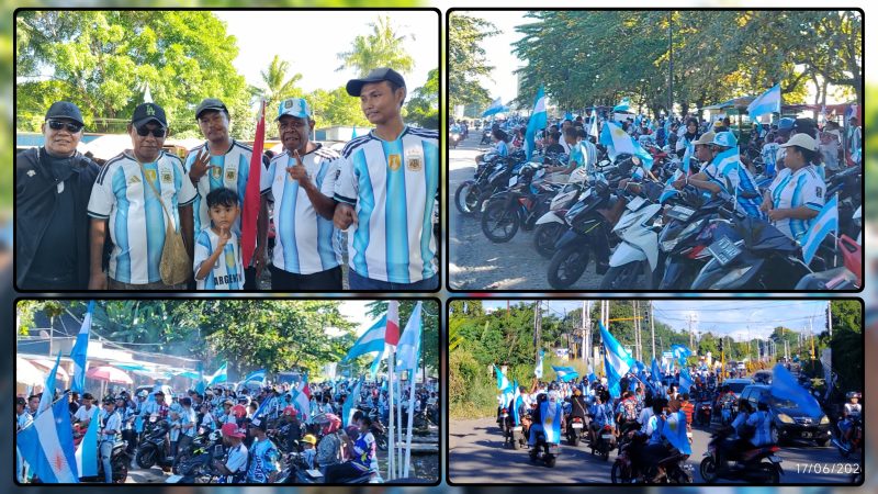 Ratusan fans Tim Nasional Argentina mengikuti pawai kemenangan Piala Dunia 2026 di Kabupaten Nabire, Papua Tengah, Rabu (17/6/2026). Dengan pengawalan aparat kepolisian dan koordinasi yang baik, kegiatan berlangsung aman, tertib, lancar, dan kondusif. Dok_Alvi NT