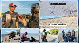 Koordinator Papua Trada Sampah (PTS) Nabire, Jerry Oliver Simunapendi, bersama relawan EcoNusa Jayapura saat menggelar aksi bersih-bersih di kawasan Pantai Nabire, Sabtu (20/6/2026). PTS Nabire berharap adanya kolaborasi dan fasilitasi dari pemerintah untuk mendukung pengelolaan sampah yang berkelanjutan. Dok_Alvi NT