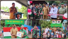 Asisten III Bidang Administrasi Umum Setda Kabupaten Nabire, Benny Ayorbaba, S.Sos., membacakan sambutan Bupati Nabire saat peresmian sumur bor air bersih di Kampung Wahariah, Distrik Teluk Kimi, Senin (22/6/2026). Pemerintah daerah mengapresiasi kontribusi Yonif TP 804/DBAY dalam membantu penyediaan air bersih bagi masyarakat. Dok_Arief NT